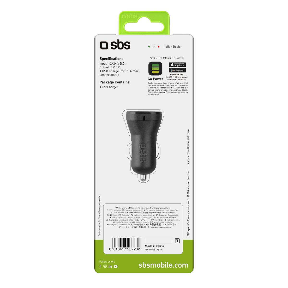 SBS TECRUSB1ASTD Caricabatterie Auto Mini 1A USB 1000mAh Nero - immagine 3
