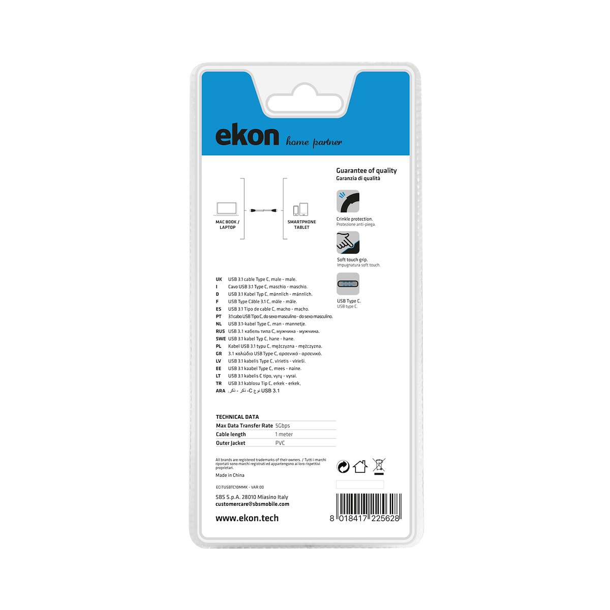 EKON ECITUSBTC10MMK Cavo USB 3.1 C a C M-M 1m - immagine 3