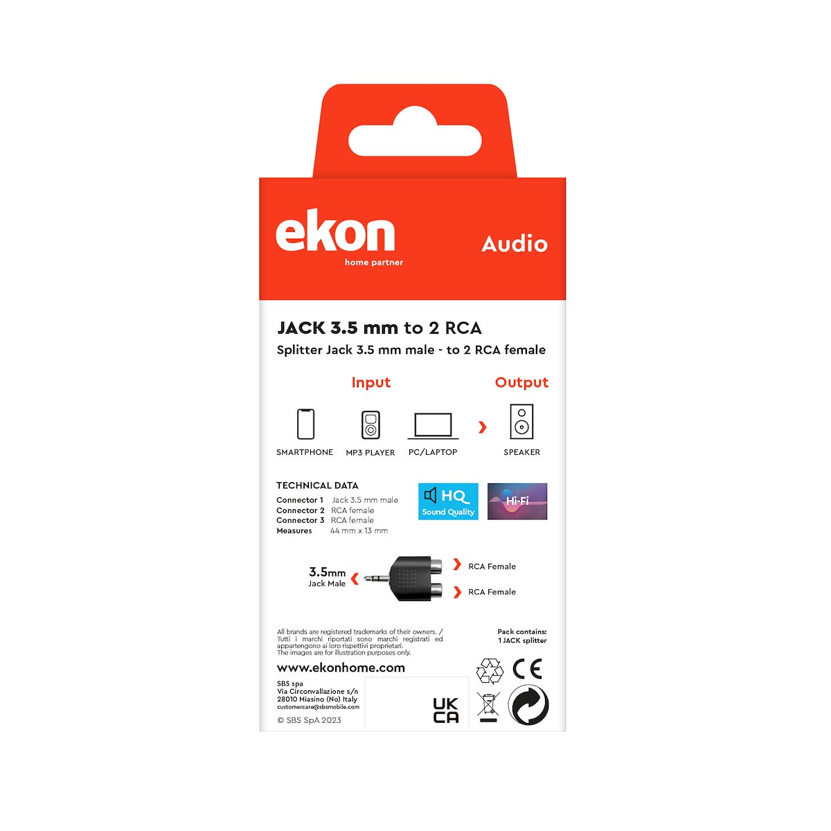 EKON ECASPLITJACK1M2RCA Splitter Jack 3.5mm a 2x RCA M-F Audio - immagine 3
