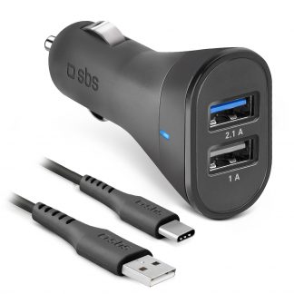 SBS TEKITCRC2U21AUL Caricabatterie Auto 2 USB + Cavo Tipo C Nero
