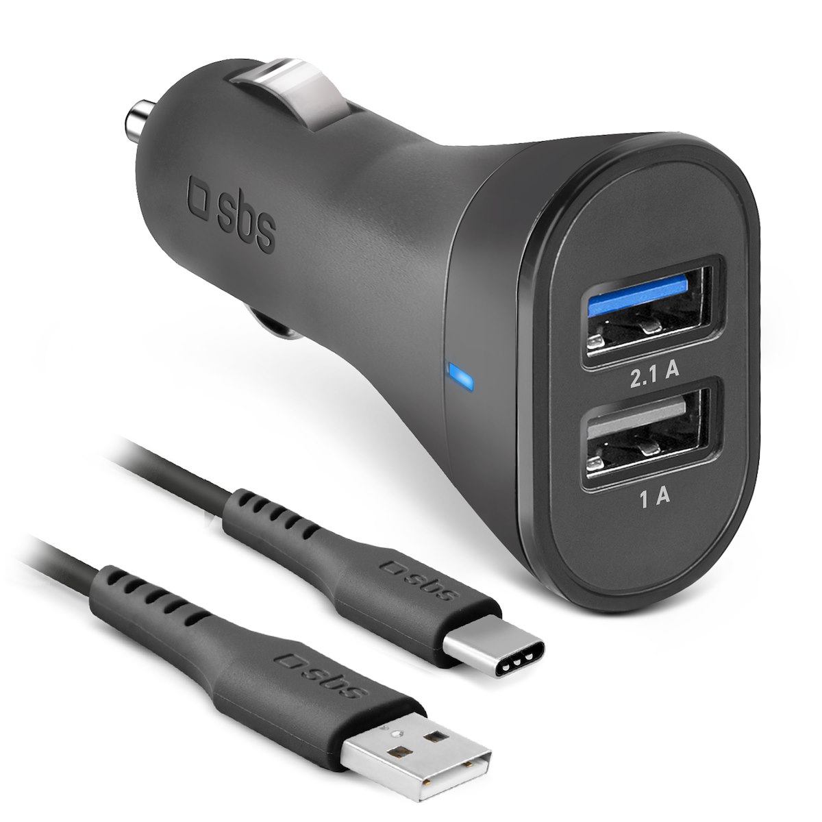 SBS TEKITCRC2U21AUL Caricabatterie Auto 2 USB + Cavo Tipo C Nero