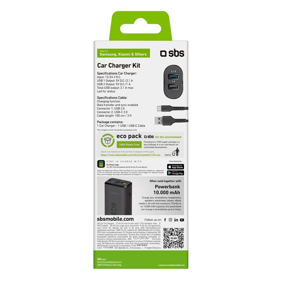 SBS TEKITCRC2U21AUL Caricabatterie Auto 2 USB + Cavo Tipo C Nero - immagine 4