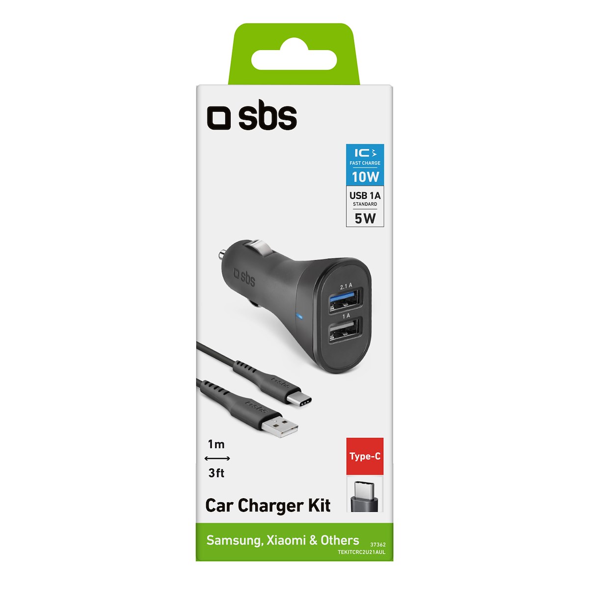 SBS TEKITCRC2U21AUL Caricabatterie Auto 2 USB + Cavo Tipo C Nero - immagine 5