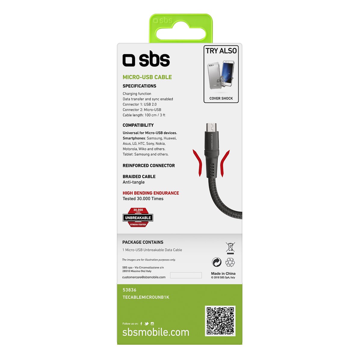 SBS TECABLEMICROUNB1K Cavo Dati Ricarica USB Micro-USB Antigroviglio 1m - immagine 3