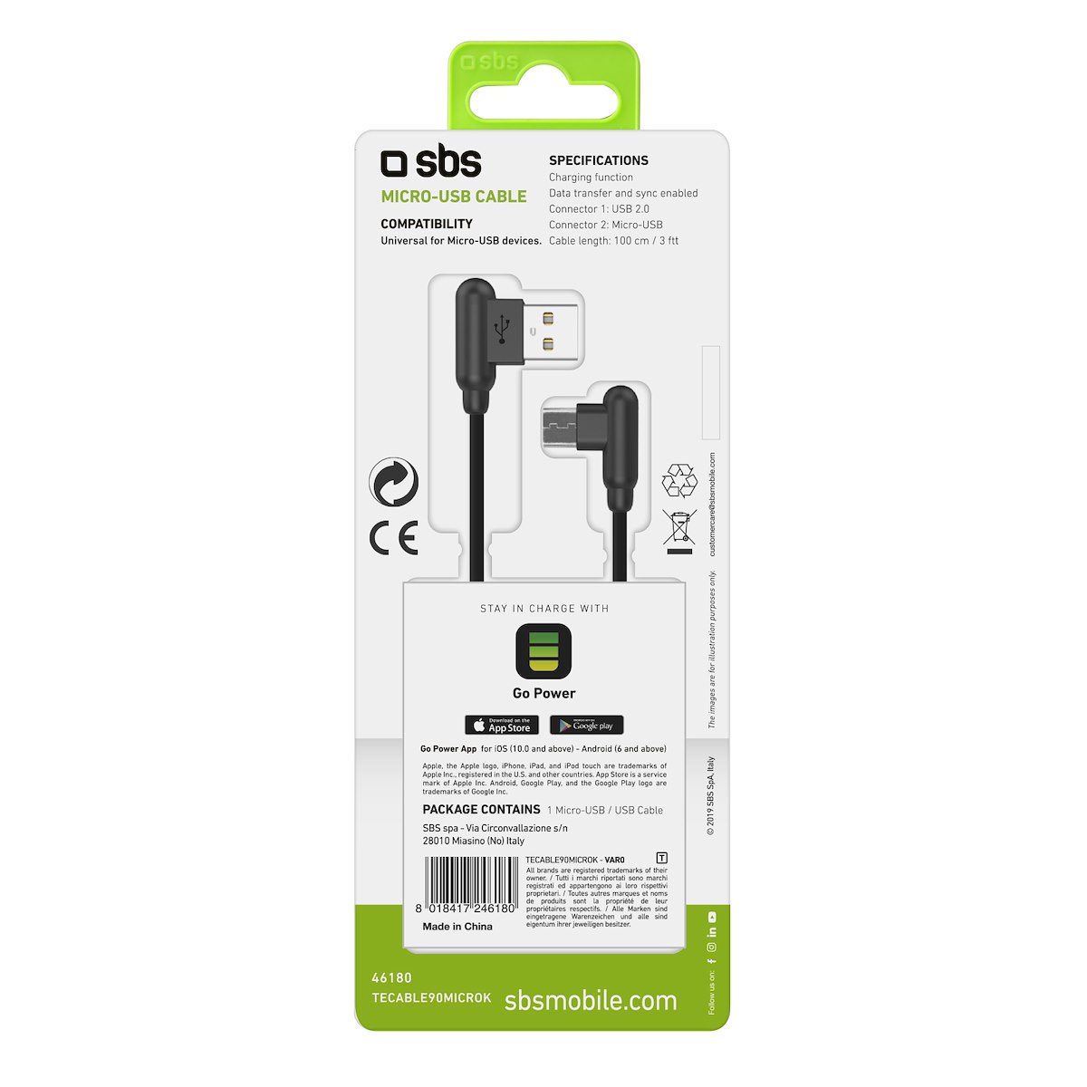 SBS TECABLE90MICROK Cavo Micro USB Ricarica e Dati 1m Connettore 90° - immagine 2