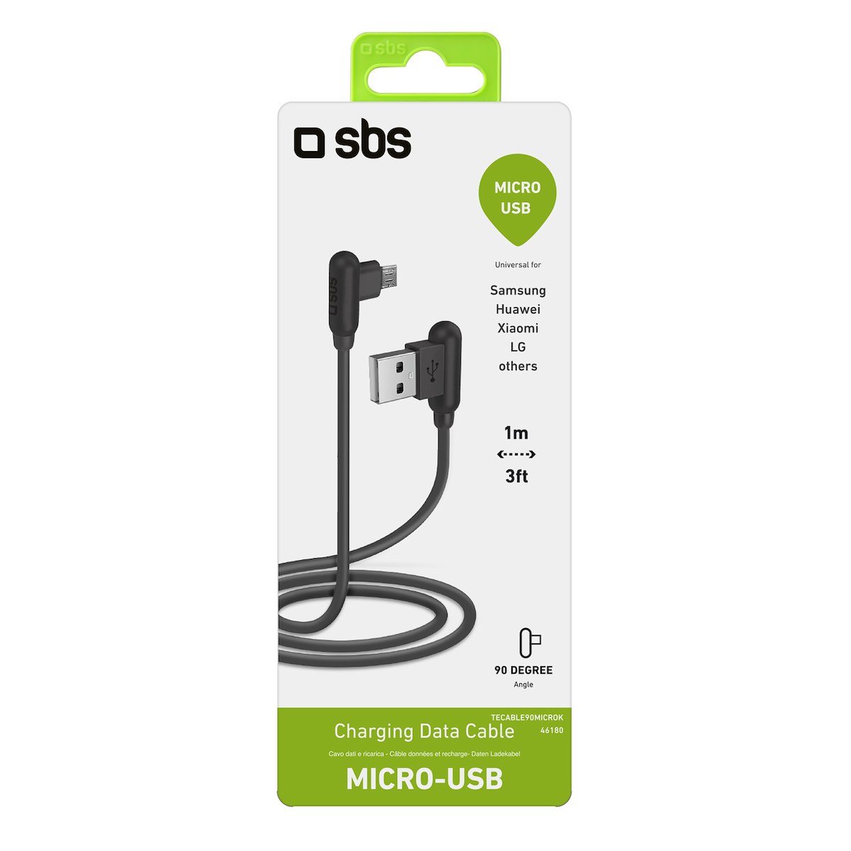 SBS TECABLE90MICROK Cavo Micro USB Ricarica e Dati 1m Connettore 90° - immagine 3
