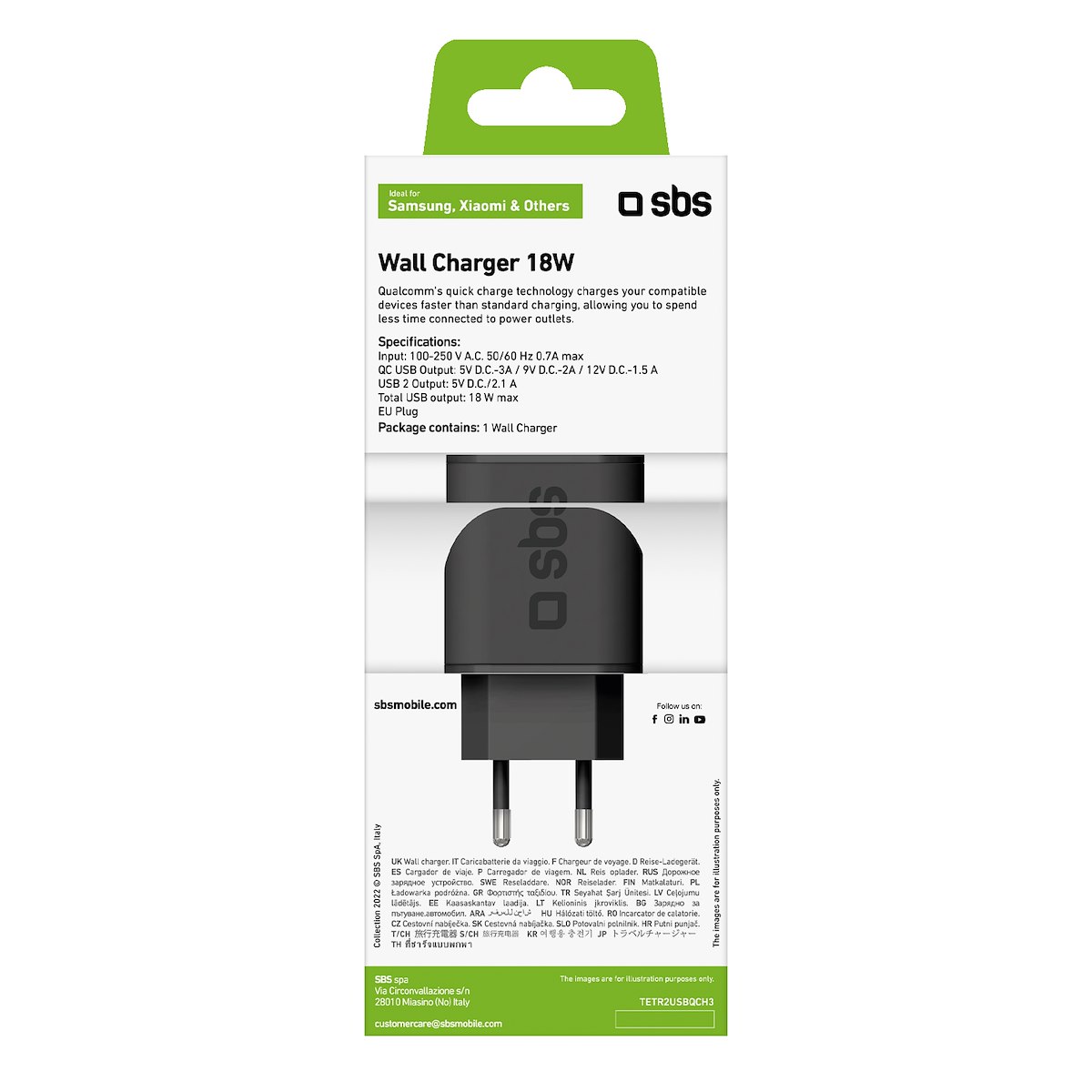 SBS TETR2USBQCH3 Caricabatterie Rete Universale 2USB Ricarica Rapida Nero - immagine 2