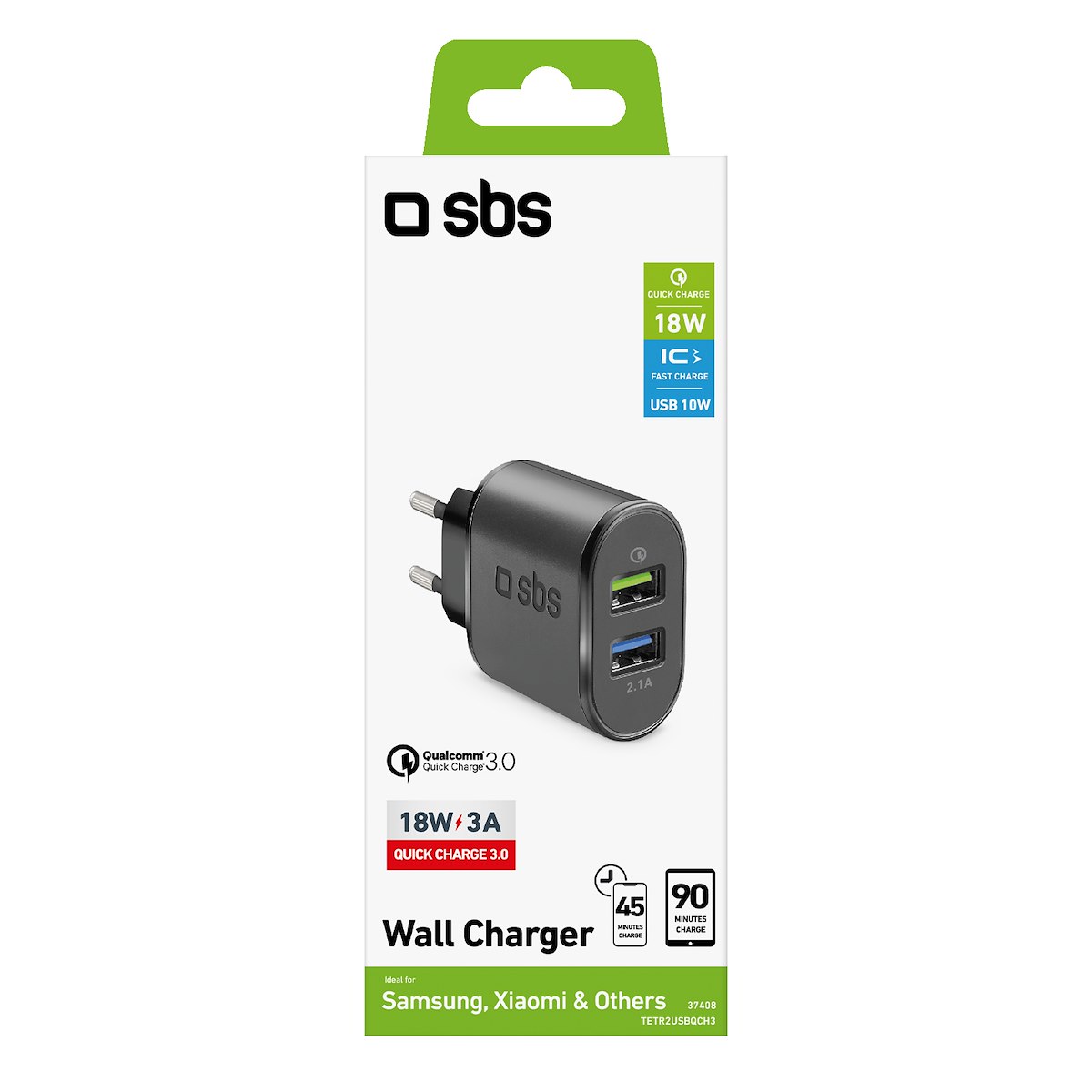 SBS TETR2USBQCH3 Caricabatterie Rete Universale 2USB Ricarica Rapida Nero - immagine 3