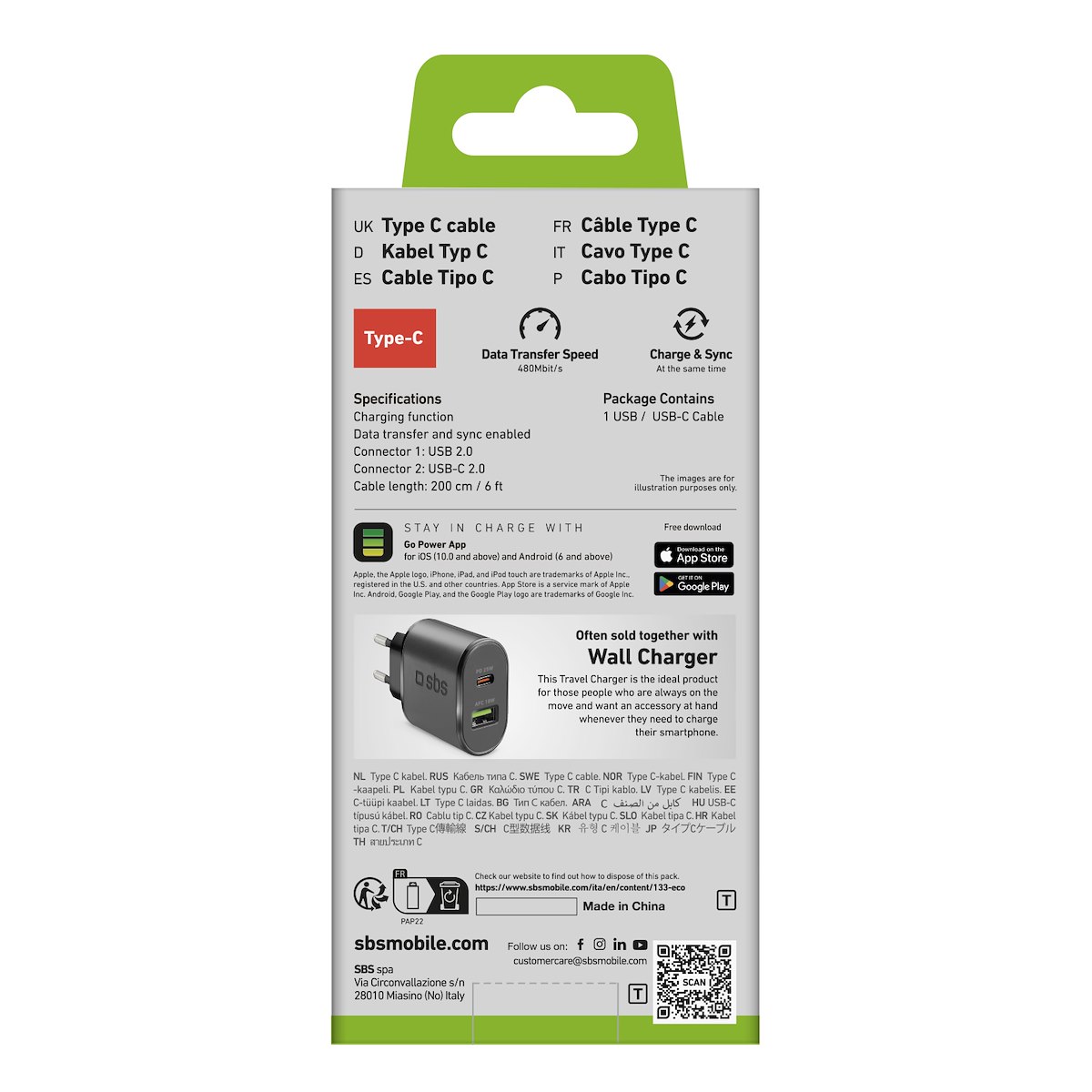SBS TECABLETC220K Cavo USB 2.0-Type-C, 2m, Nero - immagine 2