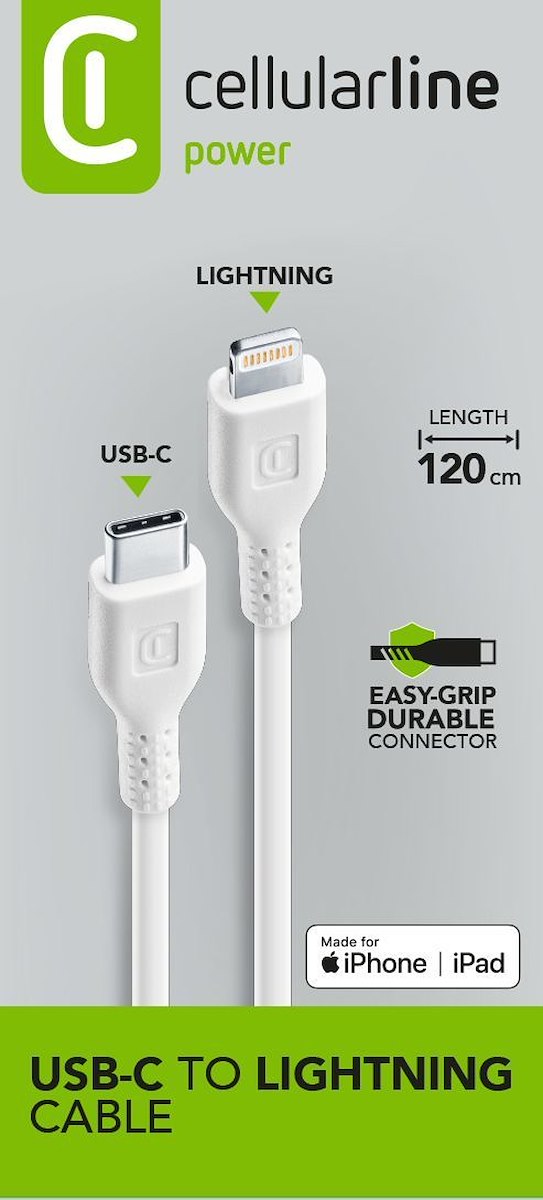 CELLULAR LINE USBDATAC2LMFI1MW, Cavo Dati USB-C a Apple, 1m, Bianco