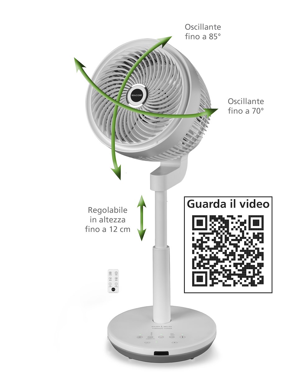 MACOM 992 Ventilatore a Torre 4 Velocità, Timer, Oscillante, Telecomando, Bianco