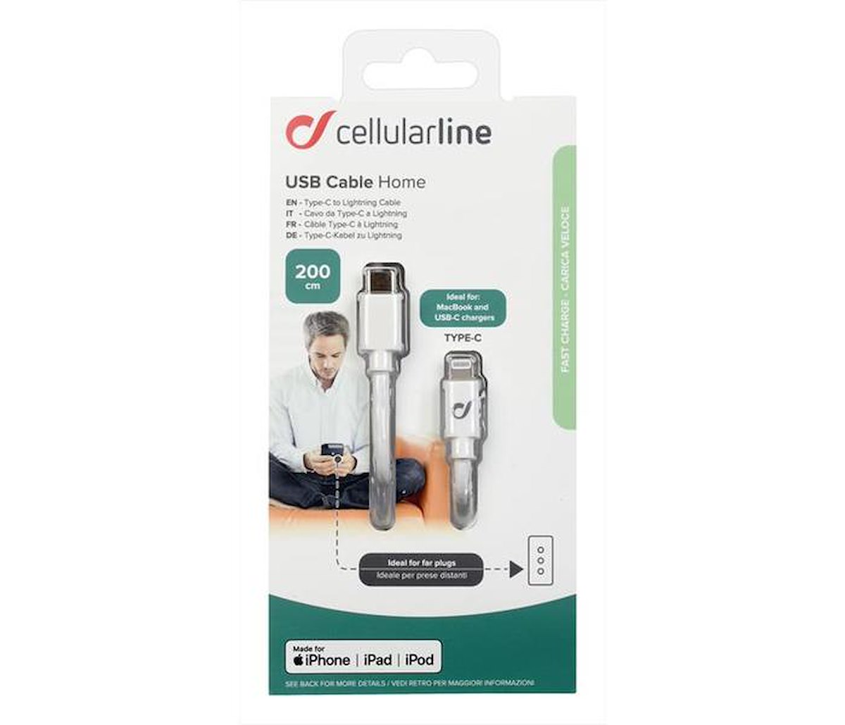 CELLULAR LINE USBDATAC2LMFI2MW Cavo Dati USB-C a Apple, 2m, Bianco - immagine 2