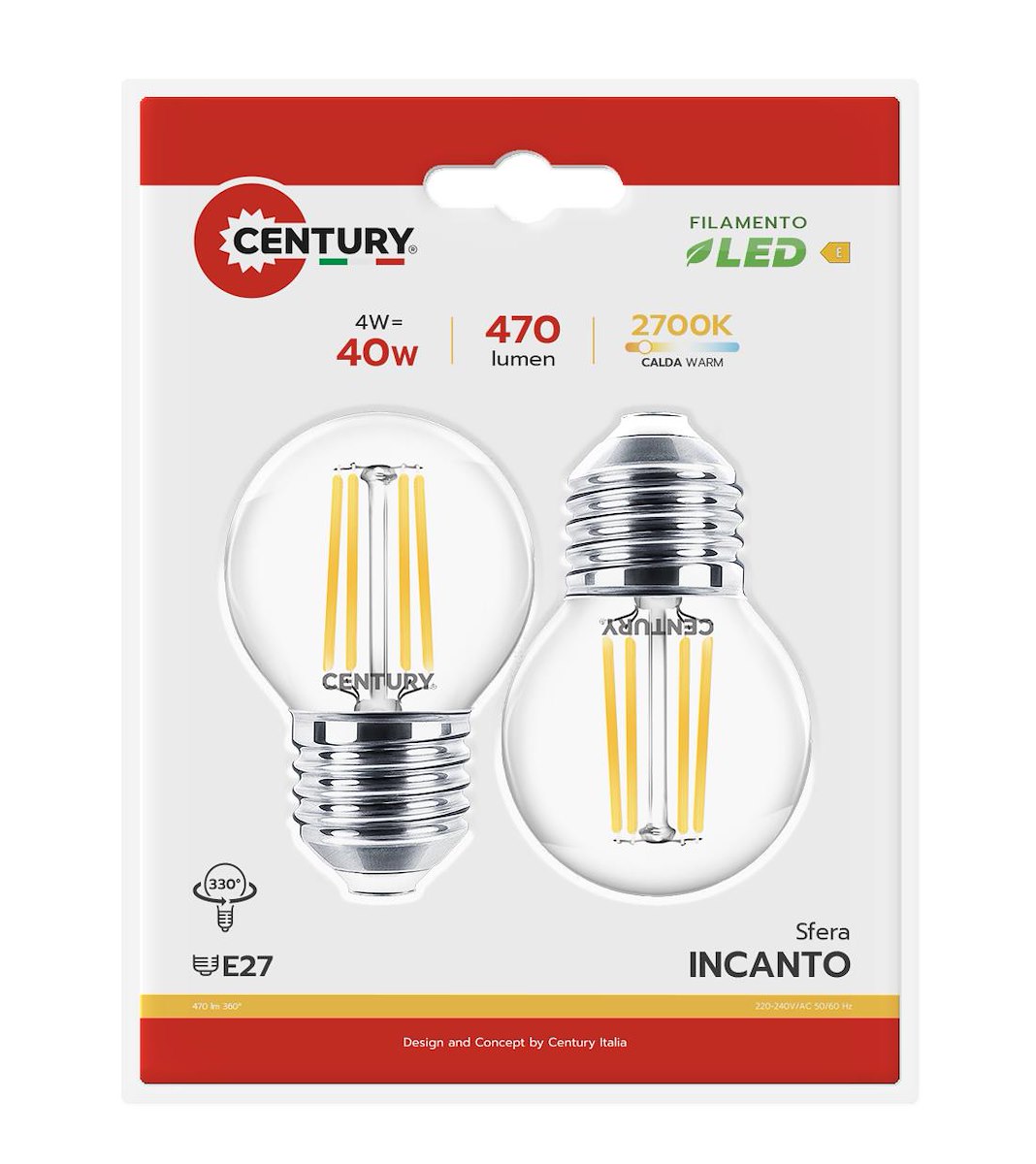 CENTURY INH1G042727BL2 LED E27 4W 2700K 470LM SFERA IP20 2PZ