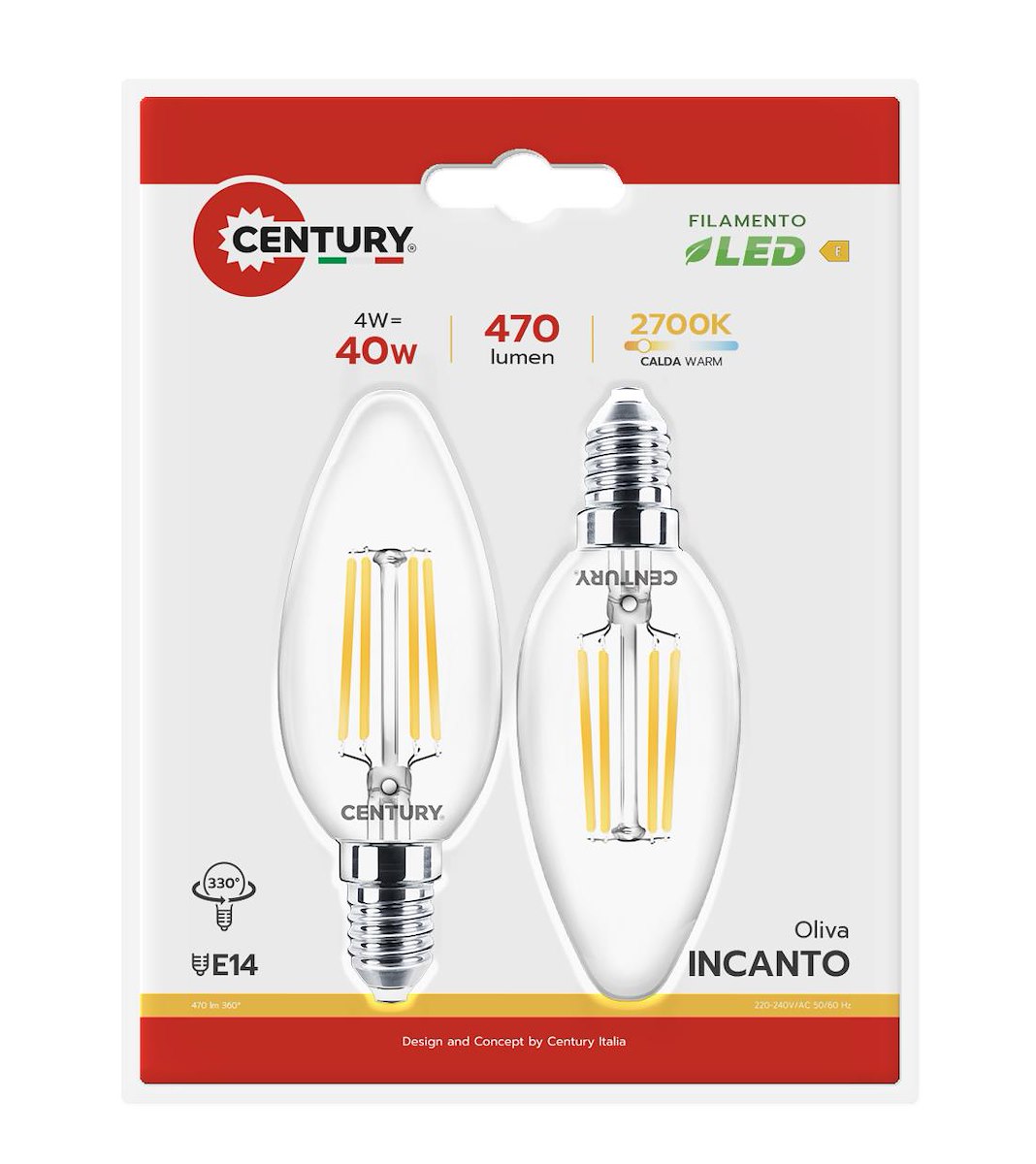 CENTURY INM1041427BL2 LED Filamento 4W E14 2700K 470LM IP20 Candela 2pz