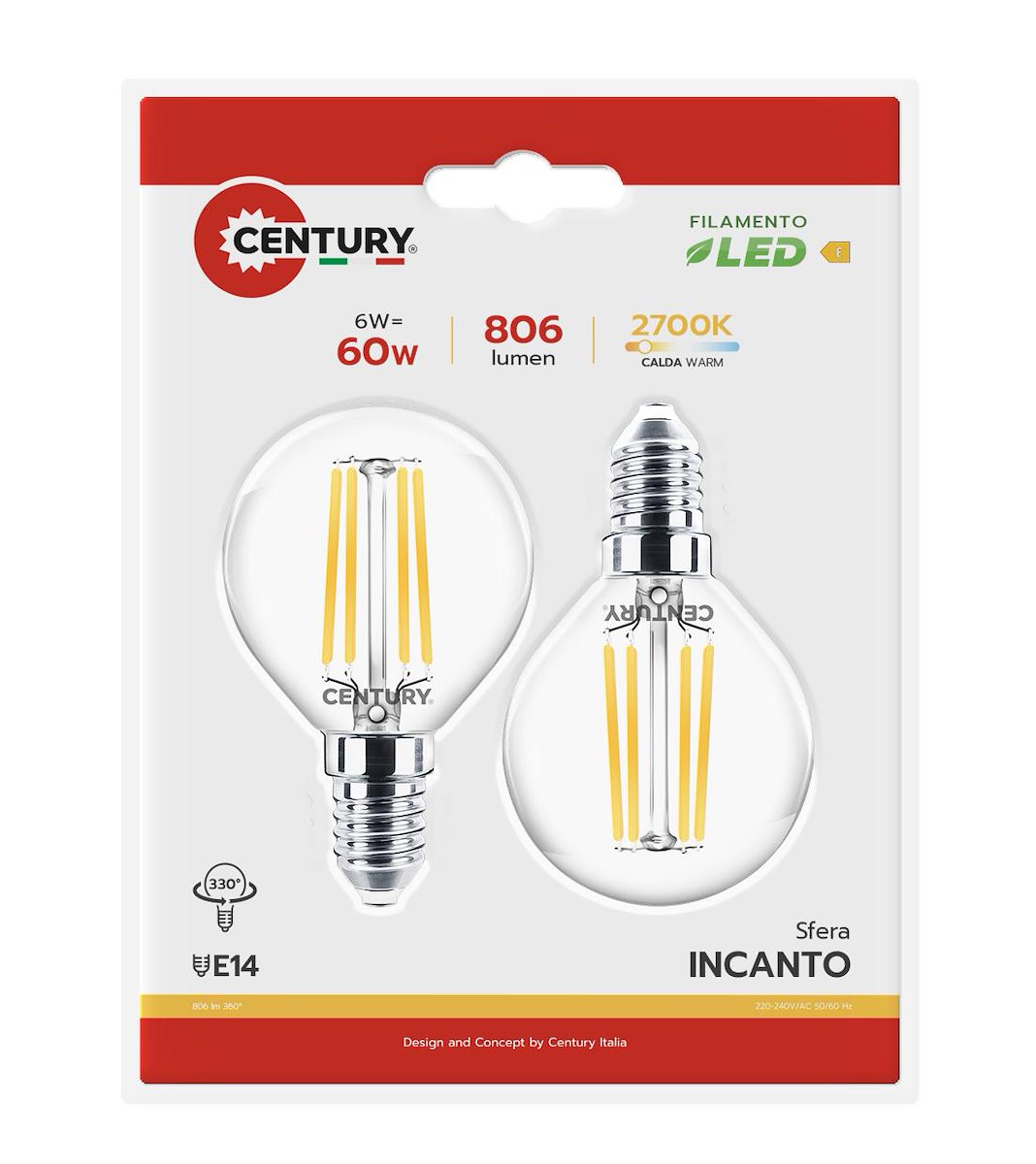 CENTURY INH1G061427BL2 Lampada LED Filamento 6W E14 Sfera 2700K 2pz