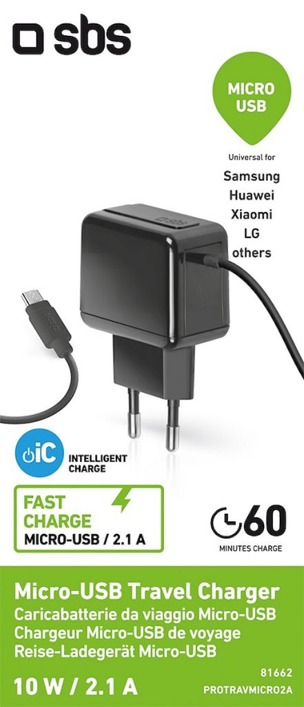 SBS PROTRAVMICRO2A: Caricabatterie da viaggio con cavo Micro USB 2A, nero