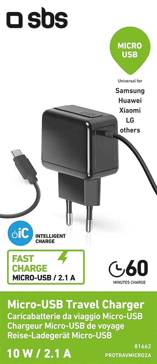 SBS PROTRAVMICRO2A: Caricabatterie da viaggio con cavo Micro USB 2A, nero