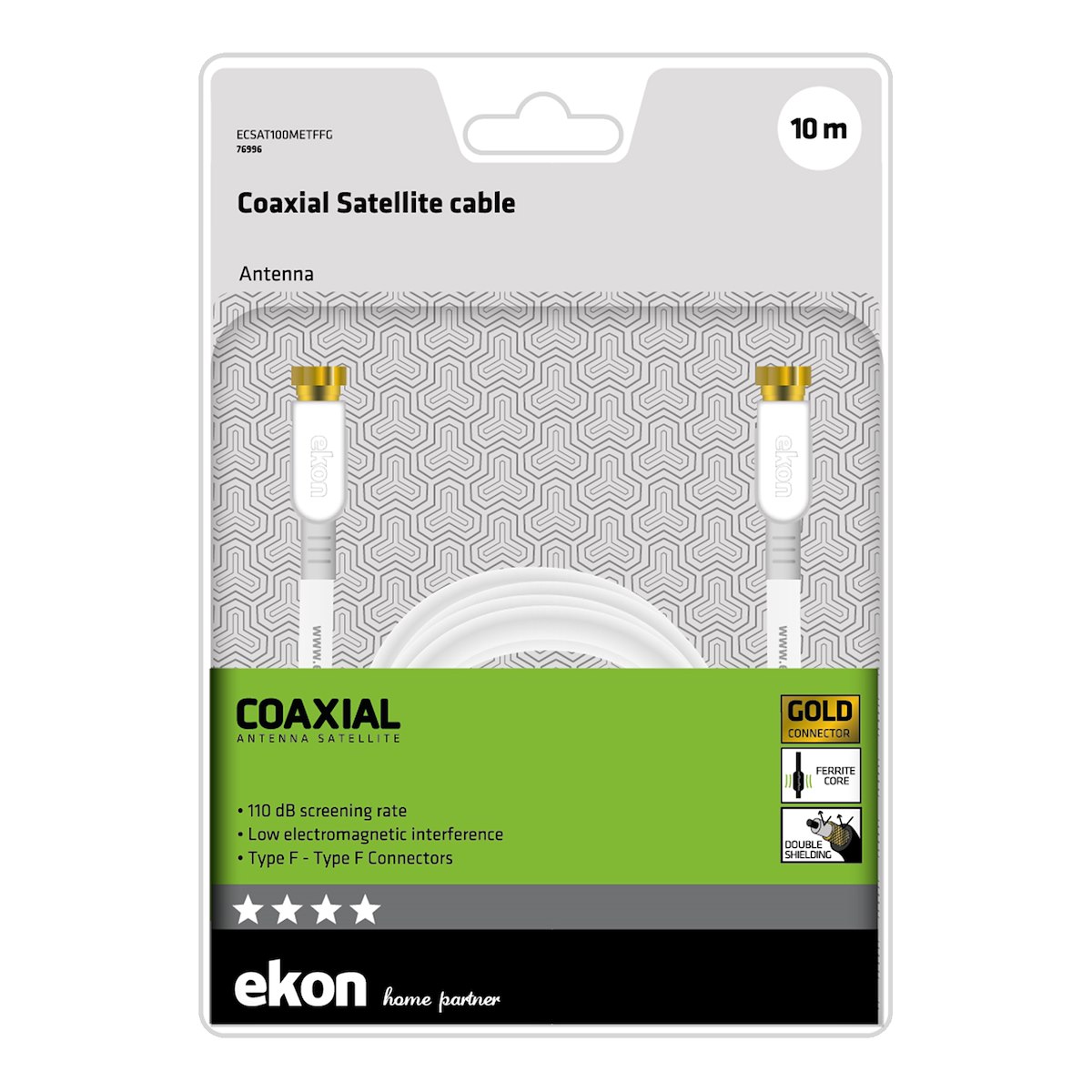 EKON ECSAT100METFFG Cavo SAT 10m F-F Bianco, con connettori oro
