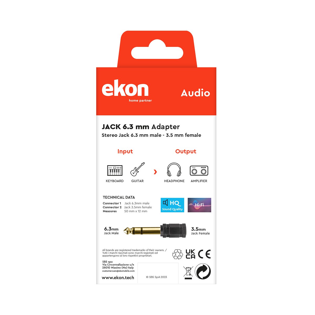 EKON ECAJACKAD35F63MG Adattatore Audio Jack 3.5mm F - Jack 6.3mm M - immagine 3
