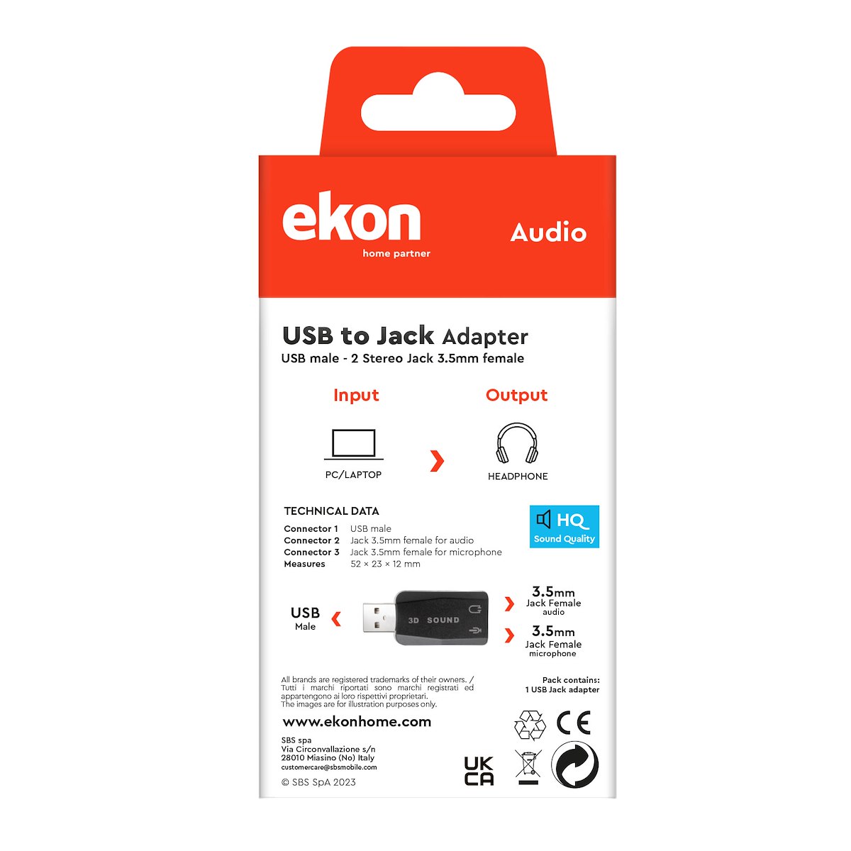 EKON ECAADUSB2JACK35K Adattatore Audio USB M - 2 Jack 3.5mm F - immagine 2