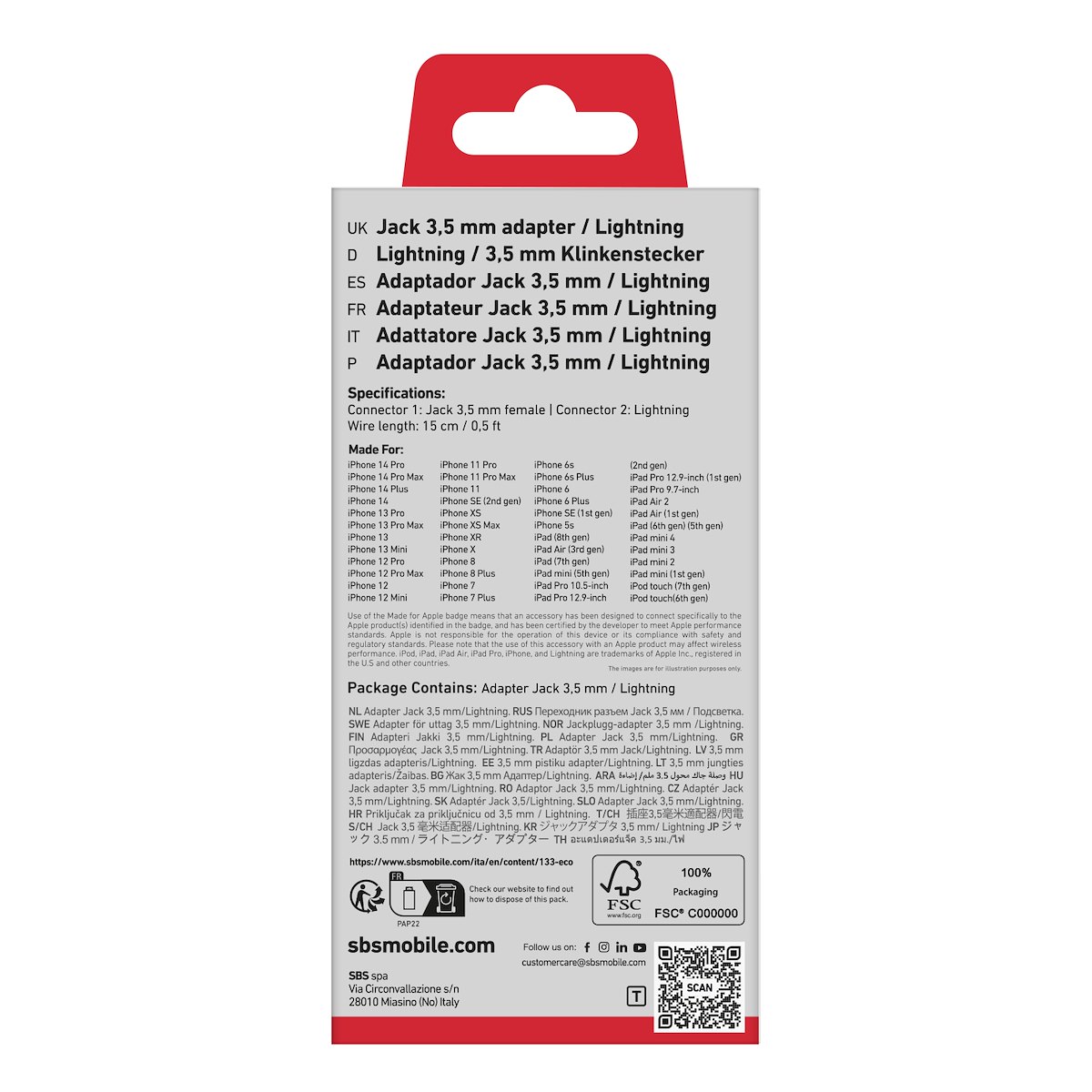 SBS TEADAPTJACKMFIW: Adattatore MFI Lightning a Jack 3.5 - immagine 3