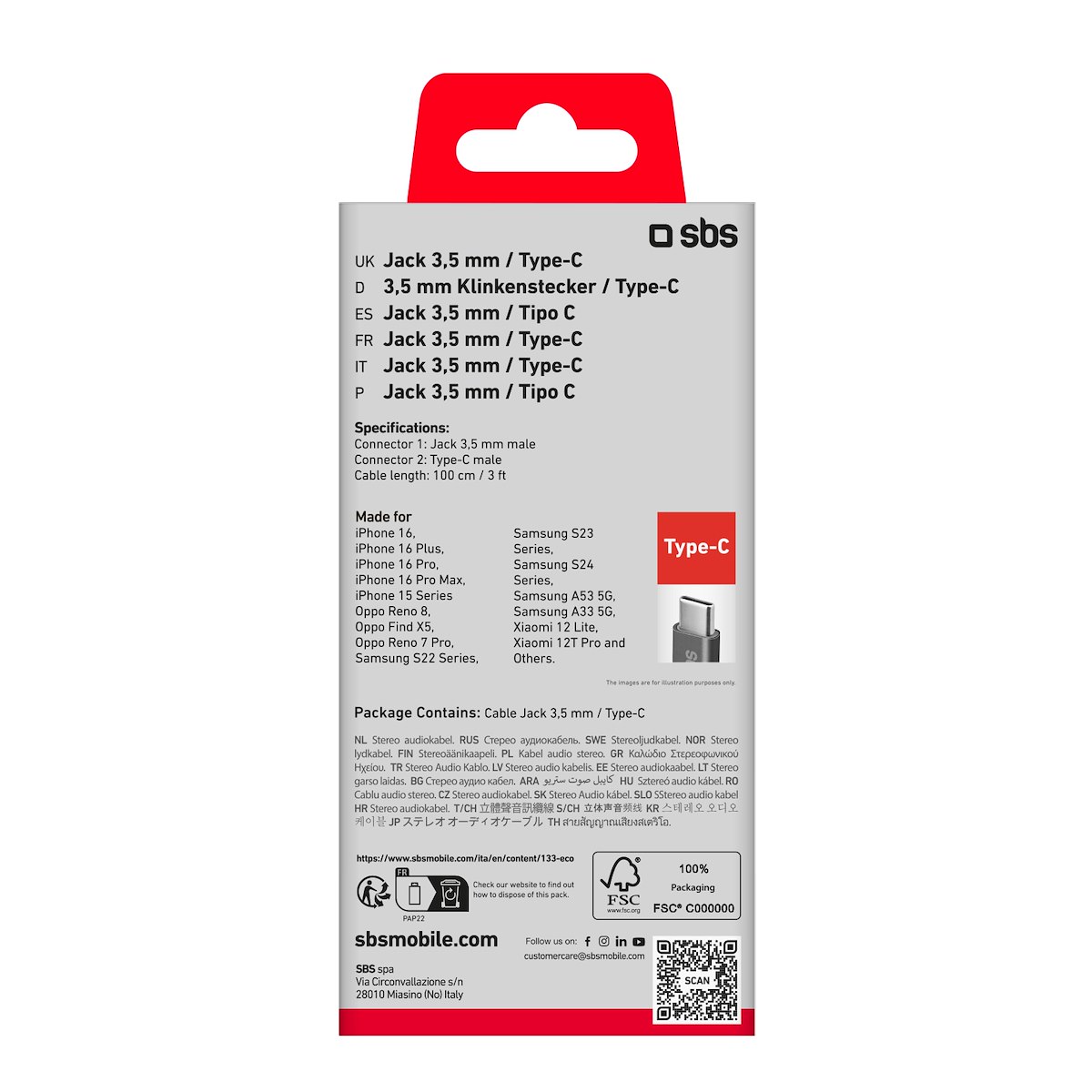 SBS TECABLE35TYCK Cavo Jack 3.5mm - USB Type-C M-M - immagine 3