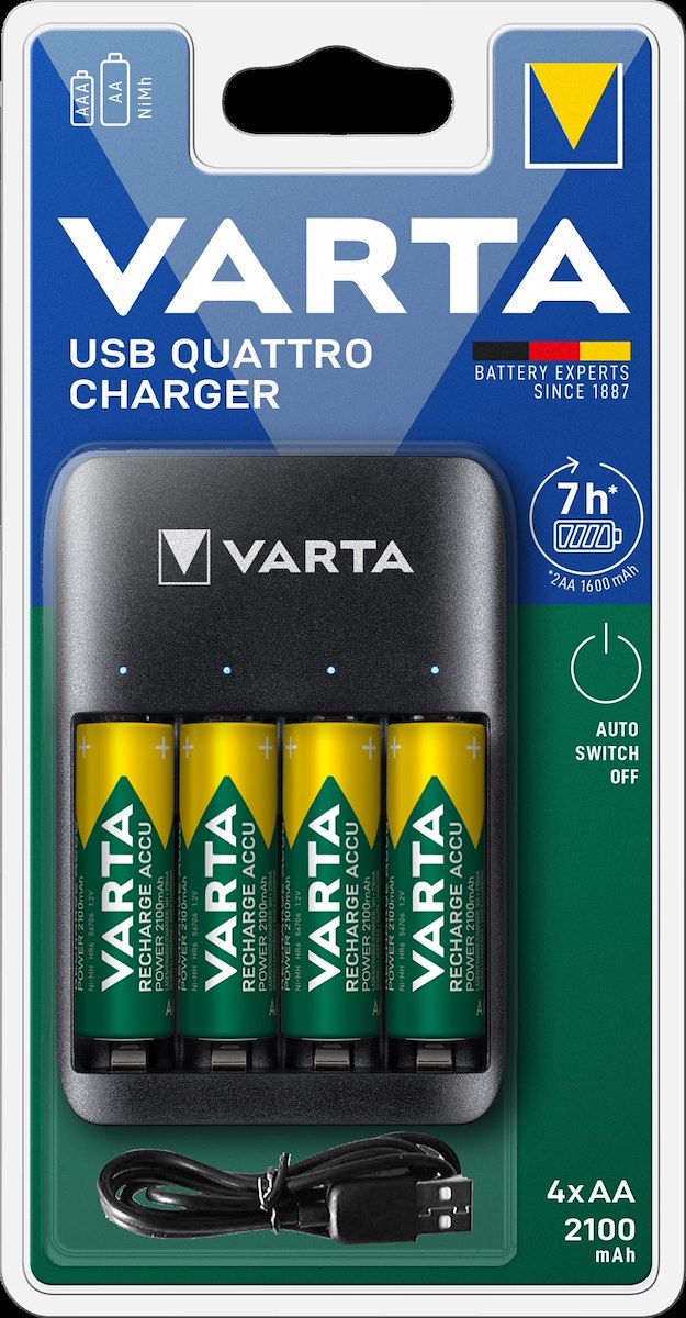 VARTA 57652101451 Caricabatterie USB + 4 batterie AA 2100 mAh