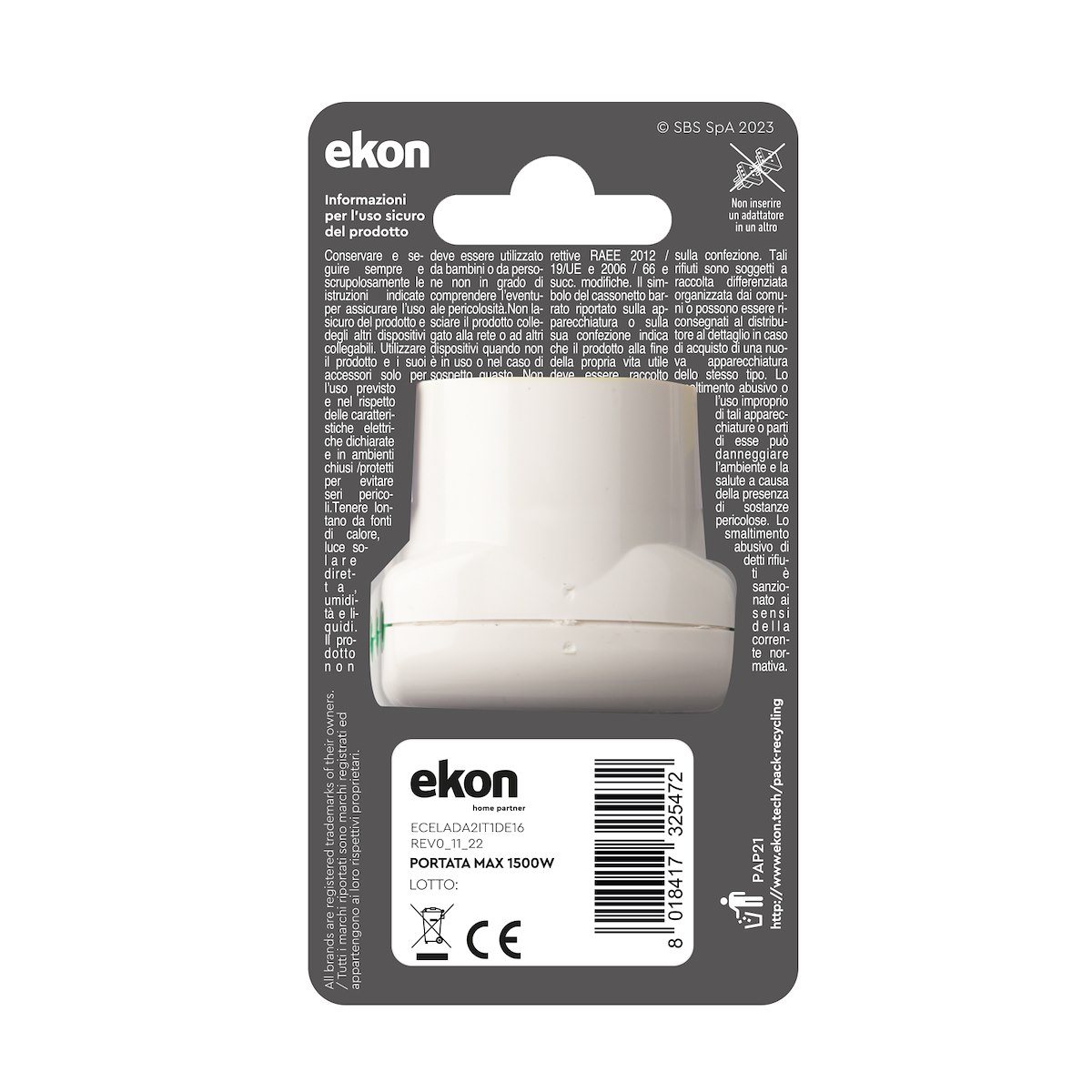 EKON ECELADA2IT1DE16 Adattatore 3 verticali 2P+T 10A bipasso ITA-TED - immagine 3