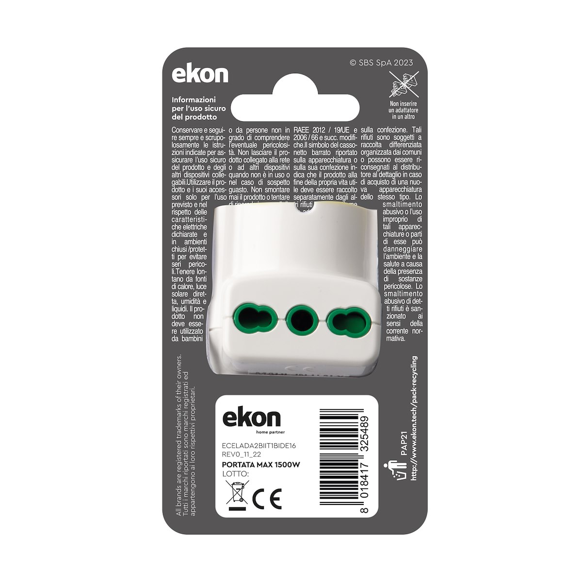 EKON ECELADA2BIIT1BIDE16 Adattatore 3 verticali 2P+T 16A 2 bipasso ITA-TED - immagine 3