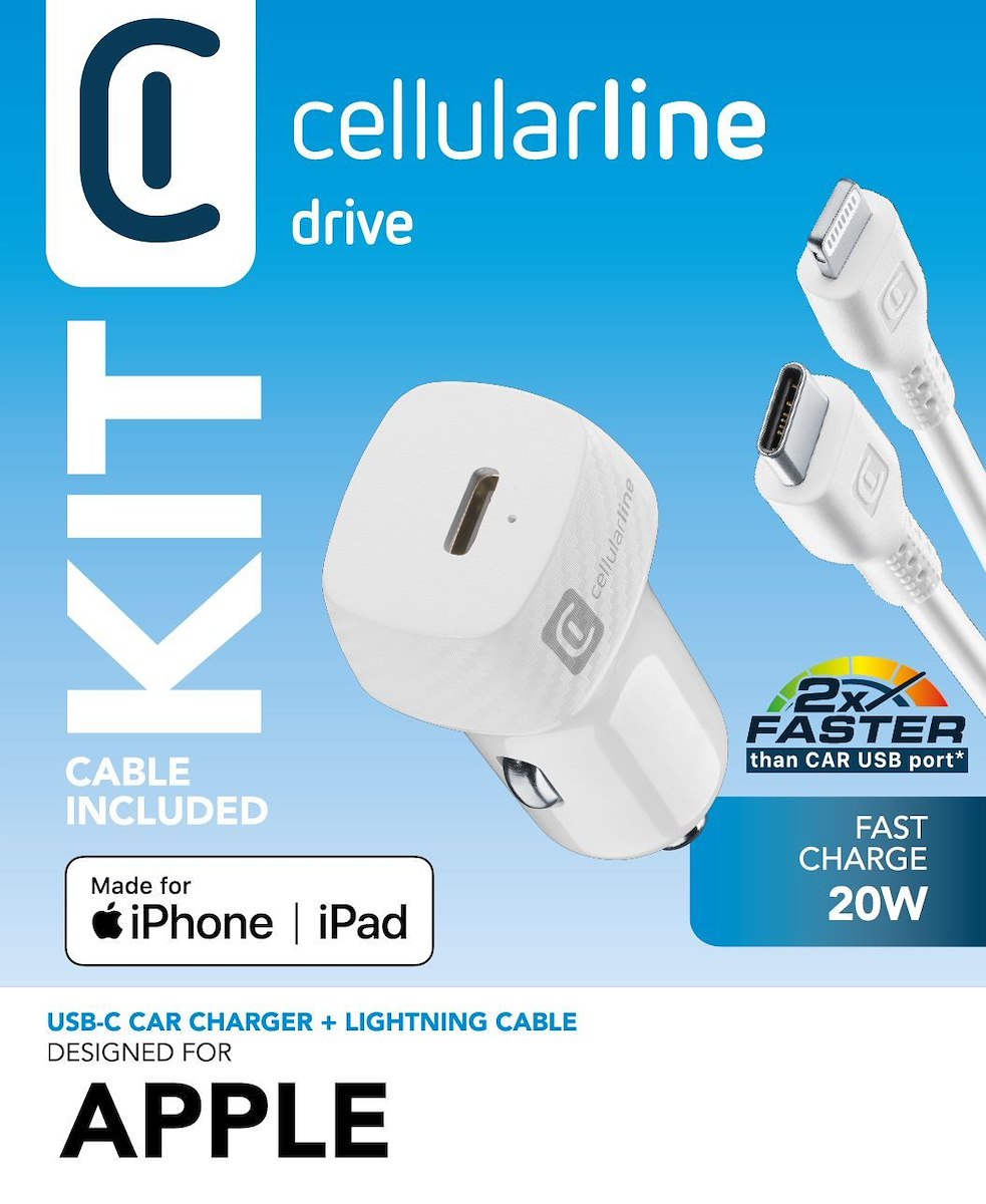 CELLULAR LINE CBRIPHKITC2LMFI20W Caricabatterie Auto USB-C 20W + Cavo Bianco