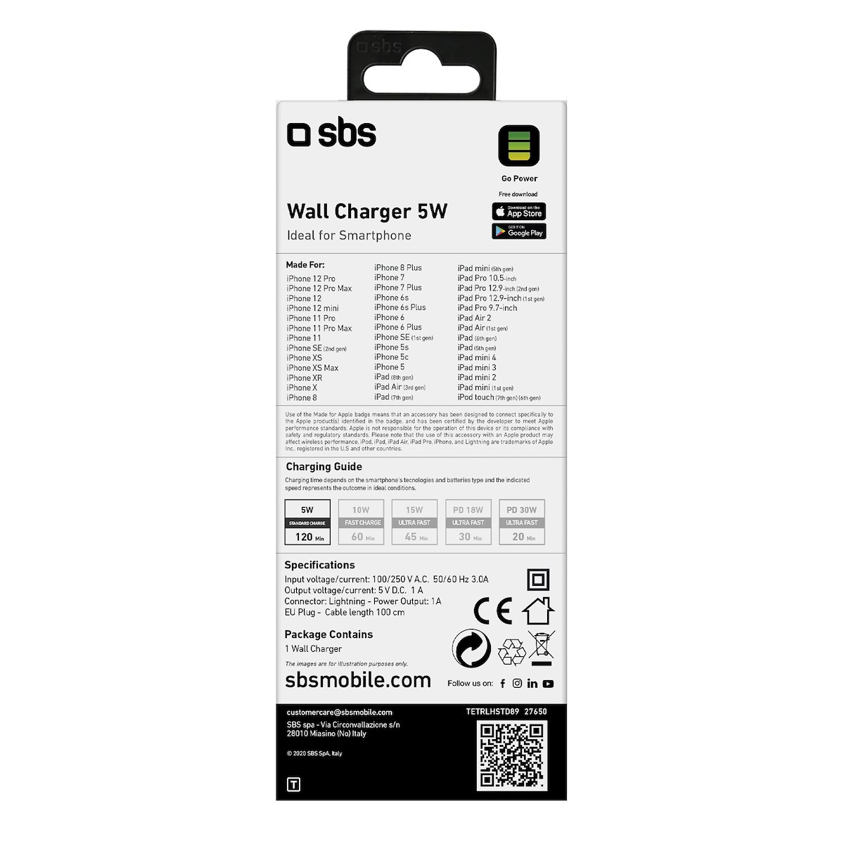 SBS TETRLHSTD89 Caricabatterie Rete EU Lightning 5W Bianco - immagine 3