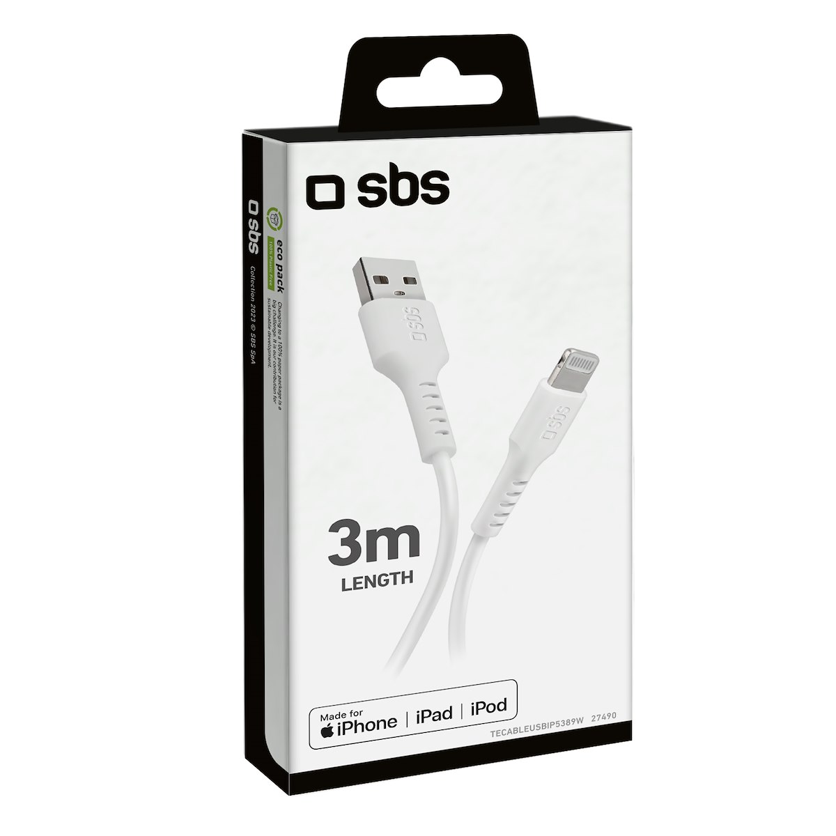 SBS TECABLEUSBIP5389W Cavo Dati USB 2.0-Lightning 3m Bianco - immagine 2