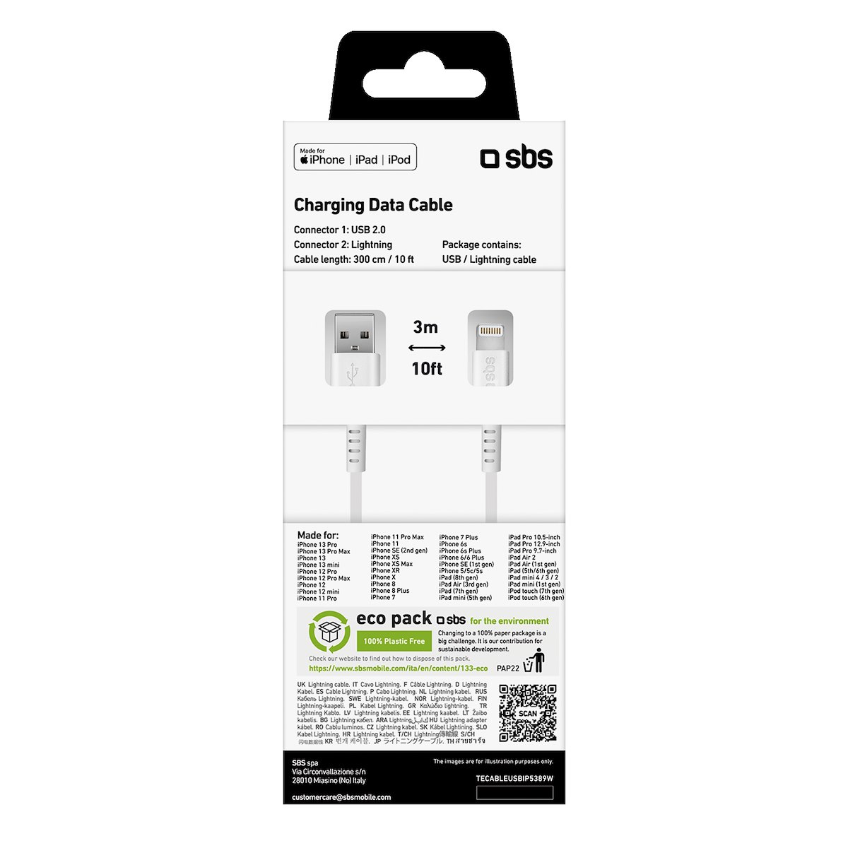 SBS TECABLEUSBIP5389W Cavo Dati USB 2.0-Lightning 3m Bianco - immagine 3
