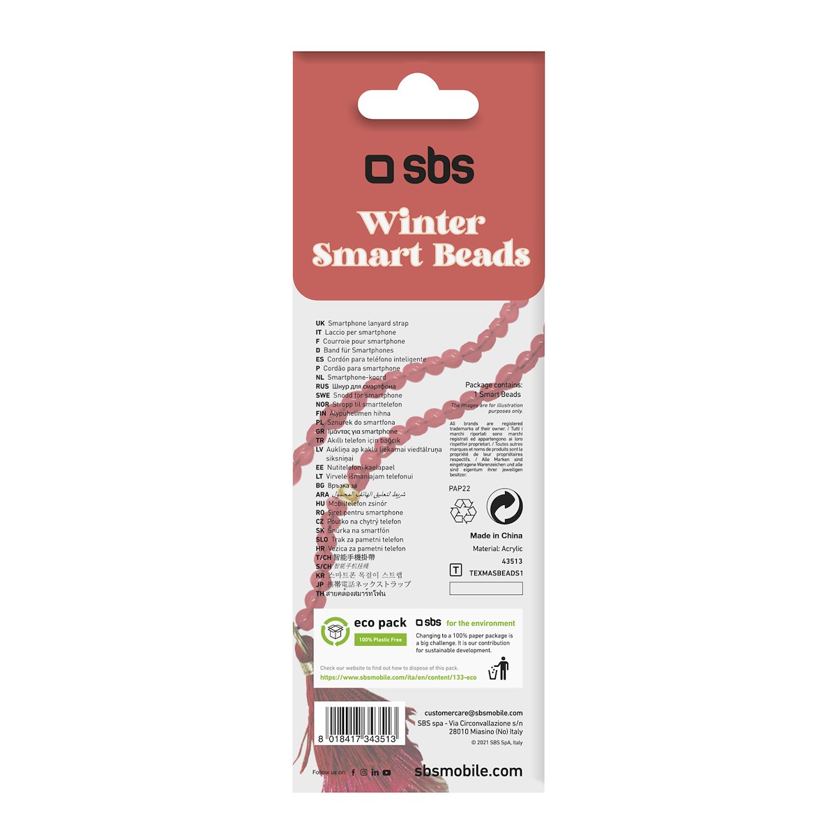 SBS TEXMASBEADS1 Ciondolo da polso a perline per smartphone Xmas Red - immagine 5