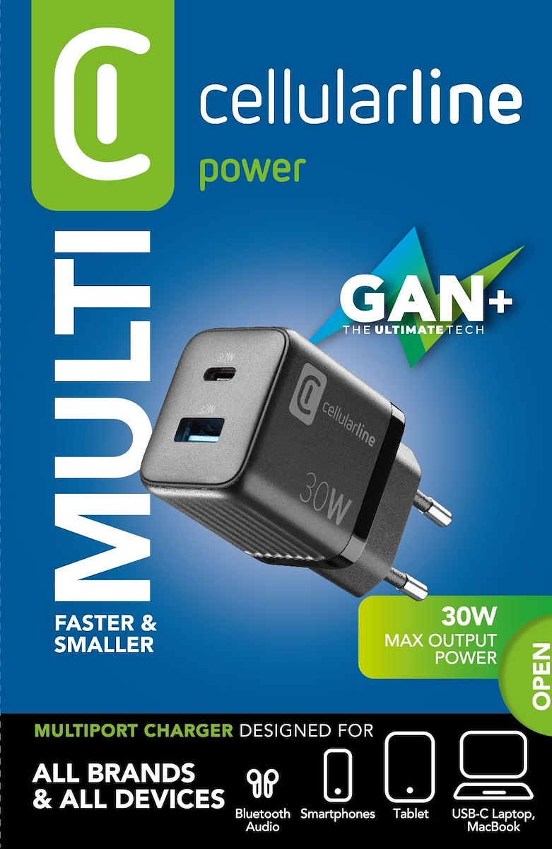 CELLULAR LINE ACHUSBGAN2PD30WK Caricatore Rete Gan 2 Porte USB C 30W Nero