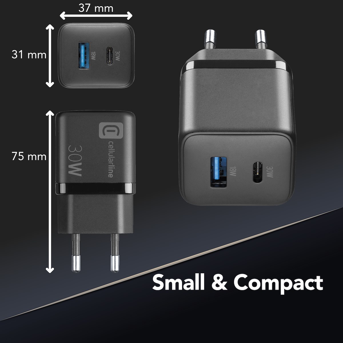 CELLULAR LINE ACHUSBGAN2PD30WK Caricatore Rete Gan 2 Porte USB C 30W Nero - immagine 5