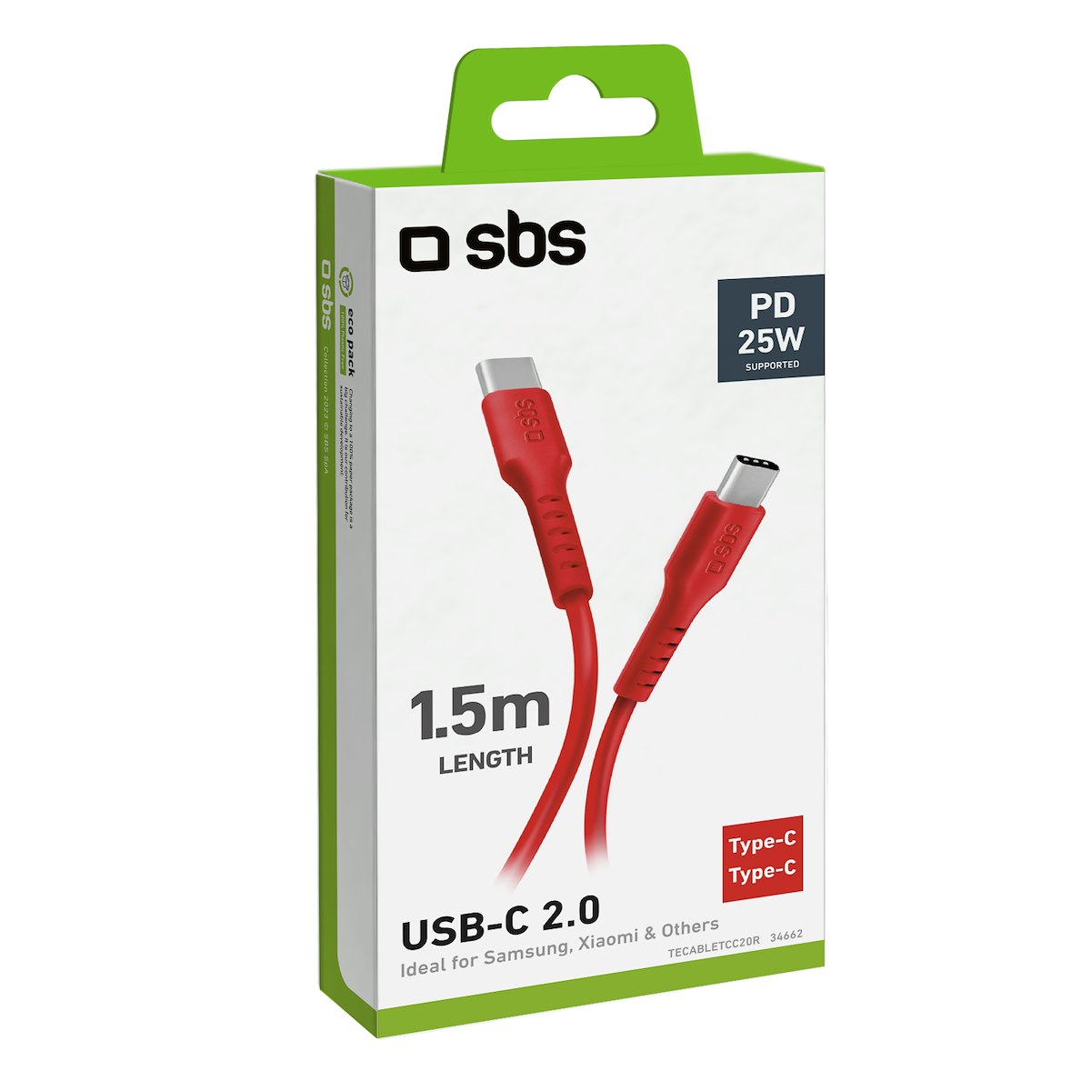 SBS TECABLETCC20R Cavo USB-C 2.0, 1.5m, Rosso - immagine 2