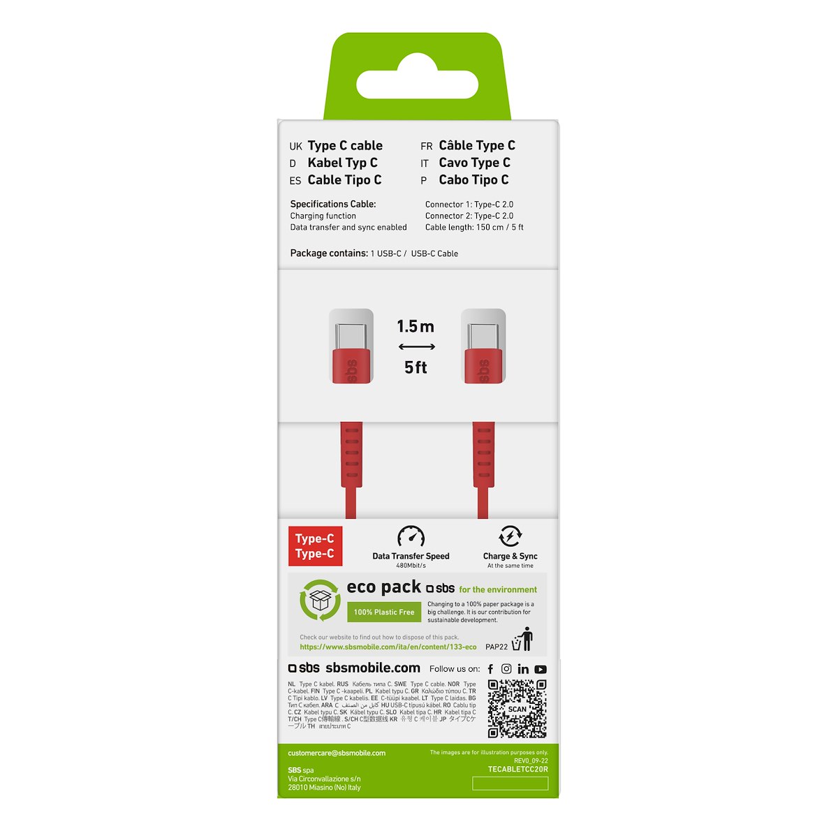 SBS TECABLETCC20R Cavo USB-C 2.0, 1.5m, Rosso - immagine 3
