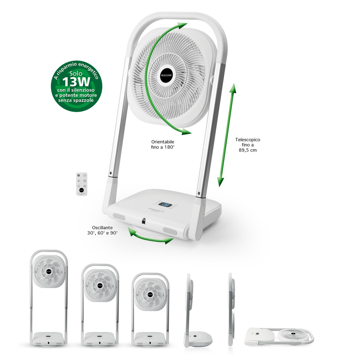 MACOM 986 Ventilatore a Piantana Pieghevole Slimmy 13W 9 Vel.