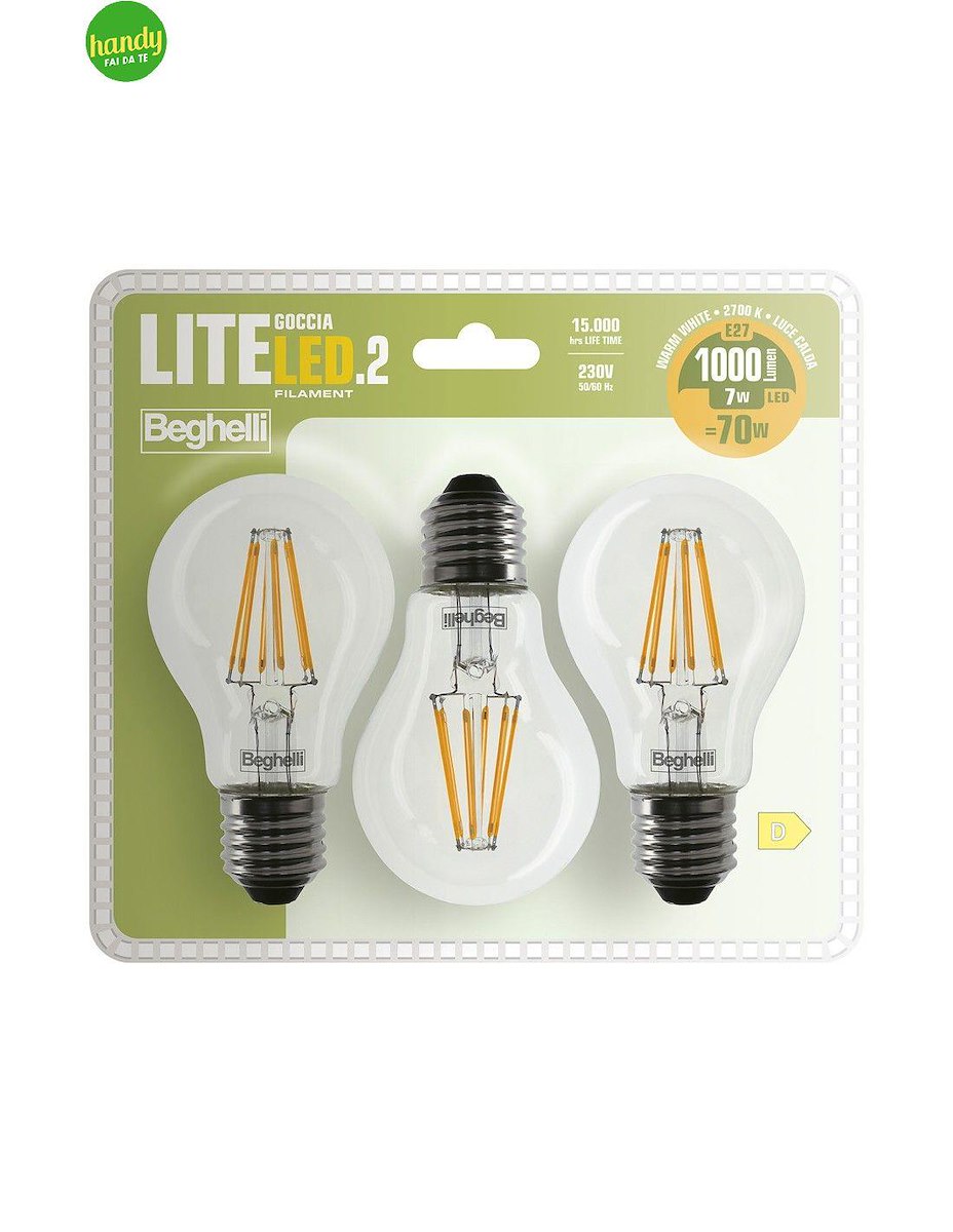 BEGHELLI 58122 LED Goccia 7W E27 6500K FILED2 3pz