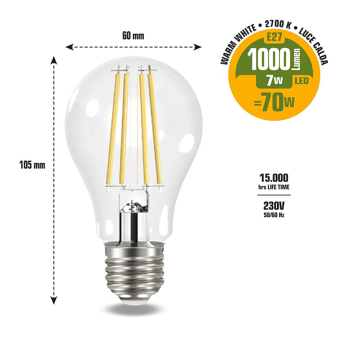 BEGHELLI 58120 Lampada LED Goccia 7W E27 2700K FILED2 (3 pz) - immagine 2