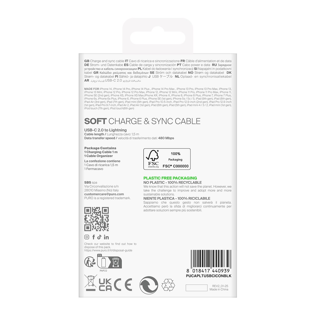 PURO PUCAPLTUSBCICONBLK Cavo USB-C - Lightning 1.5m, nero - immagine 5