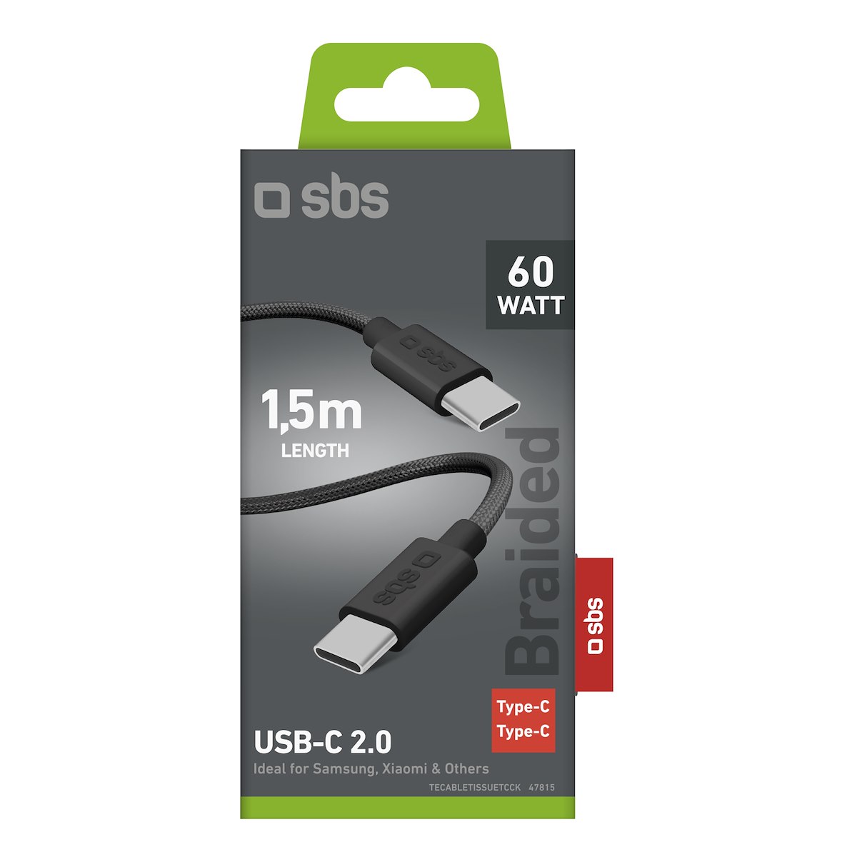 SBS TECABLETISSUETCCK Cavo USB-C a USB-C in tessuto, 1.5m, nero - immagine 2