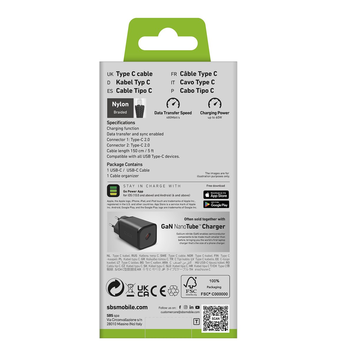 SBS TECABLETISSUETCCK Cavo USB-C a USB-C in tessuto, 1.5m, nero - immagine 3