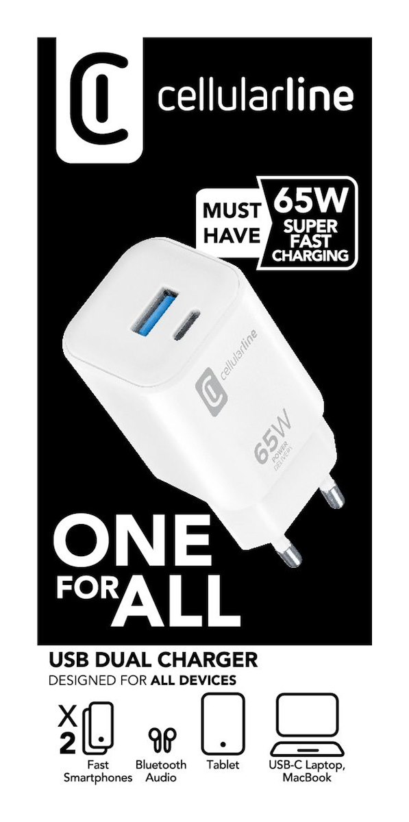 CELLULAR LINE ACHUSBC2PD65WSMLW Caricatore Rete Doppio 65W USB C Compatto Bianco - immagine 2