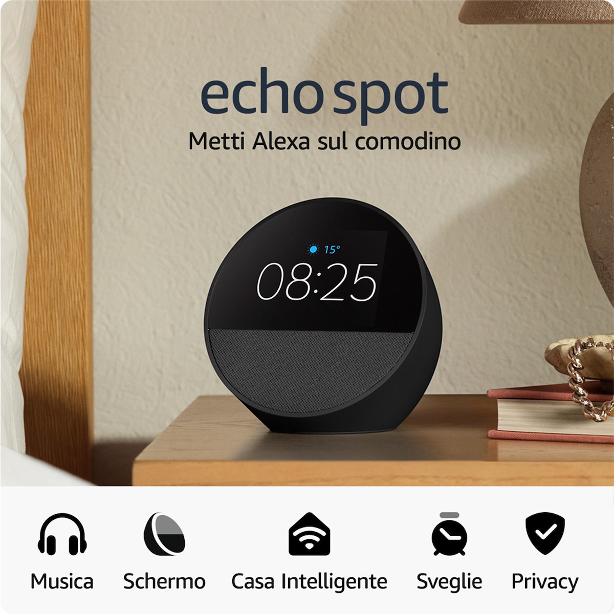 ECHO ECHOSPOT2024BLACK Smart, 2.83", con orologio e Alexa - immagine 2