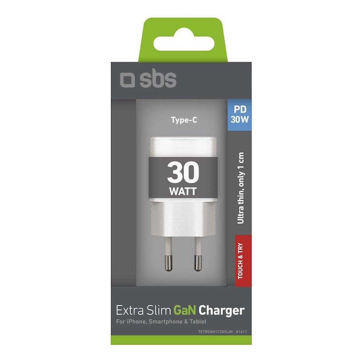 SBS TETRGAN1C30SLIM Caricabatterie Rete GaN 1x USB-C PD 30W - immagine 2