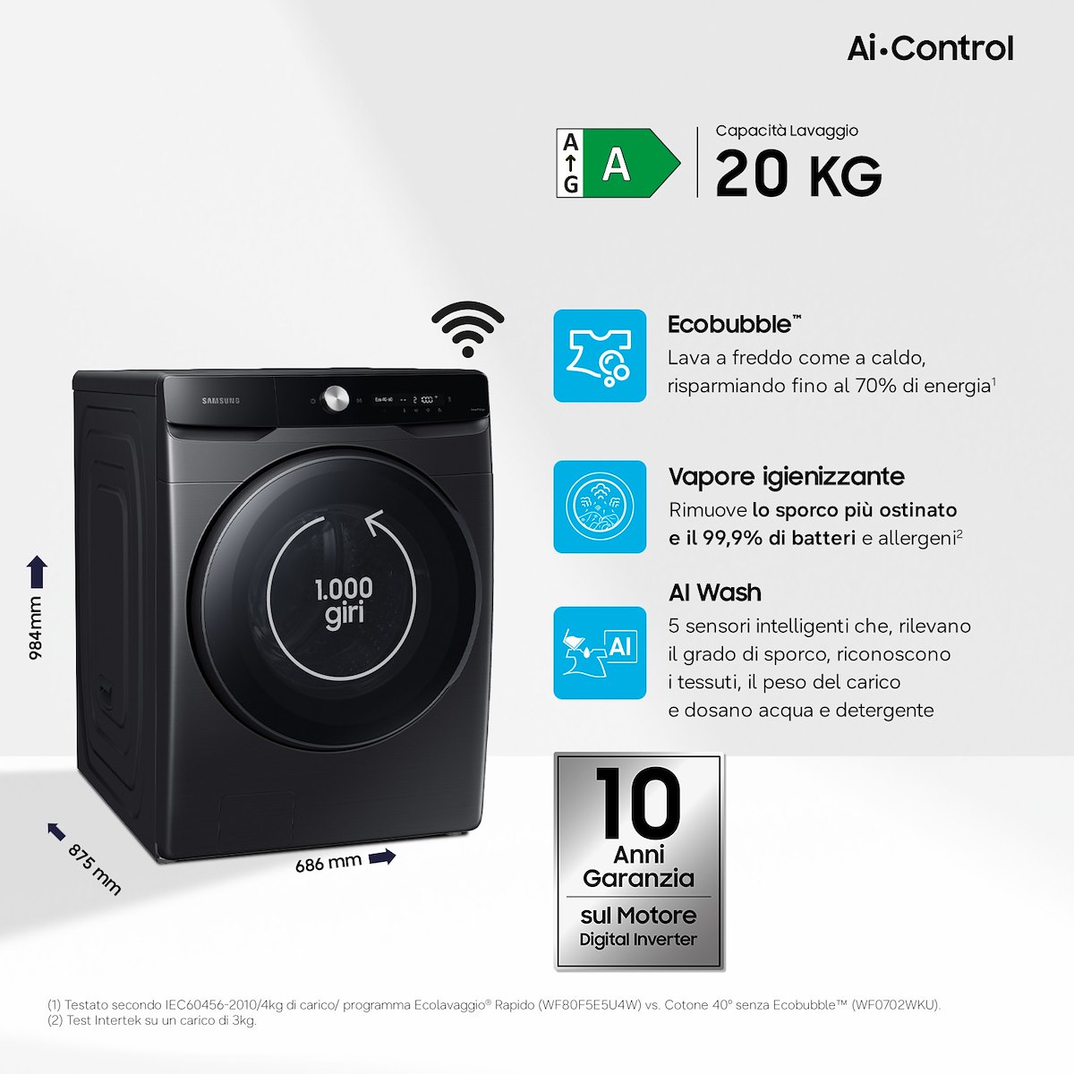 SAMSUNG WF20DG8650BVU3 Lavatrice 20kg 1000giri Classe A Inverter WiFi Nero - immagine 3