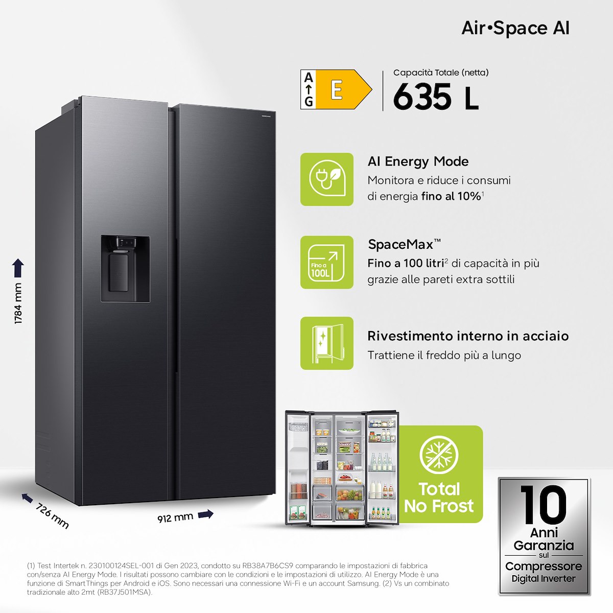 SAMSUNG RS70F64KEFEF SBS 635L No Frost Dispenser Acqua Ghiaccio WiFi Antracite - immagine 2