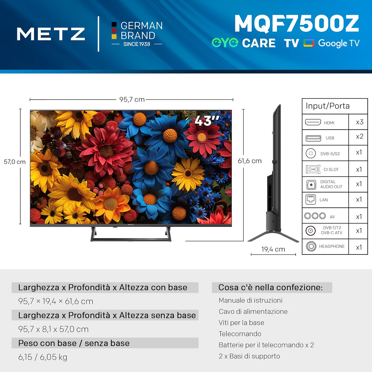 METZ 43MQF7500Z Smart TV QLED 43 Pollici UHD 4K Google TV DVB T2 S2 - immagine 4